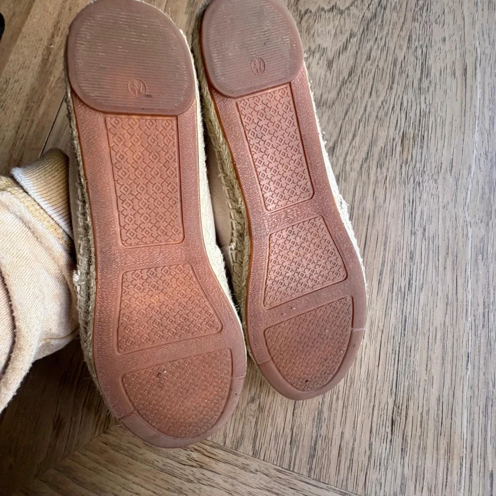 $198 TORY BURCH Espadrille Flats Canvas Cream & Black Toe w/Logo Women's‎ Sz 7.5